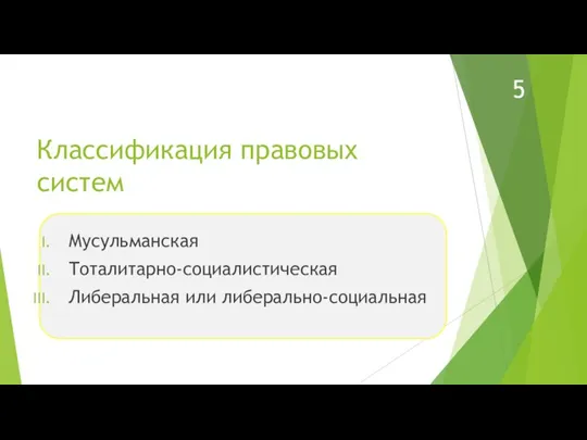 Классификация правовых систем Мусульманская Тоталитарно-социалистическая Либеральная или либерально-социальная 5