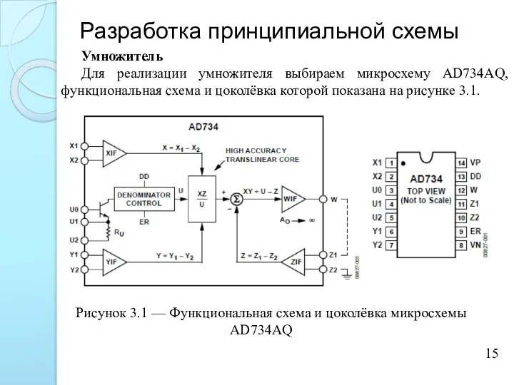 Разработка принципиальной схемы 15 Умножитель Для реализации умножителя выбираем микросхему AD734AQ, функциональная