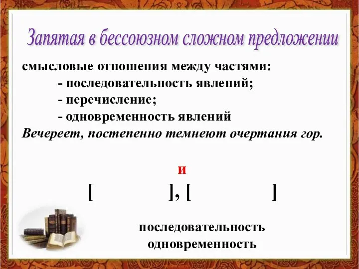 смысловые отношения между частями: - последовательность явлений; - перечисление; - одновременность явлений