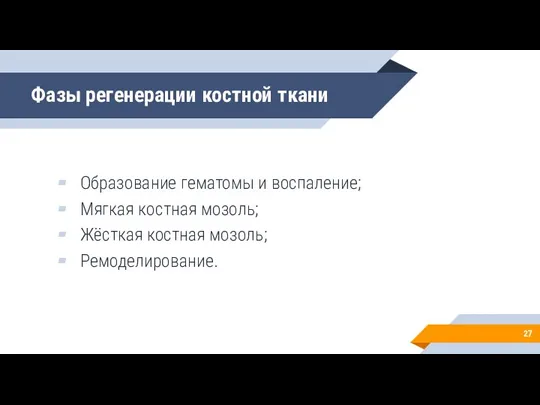 Фазы регенерации костной ткани Образование гематомы и воспаление; Мягкая костная мозоль; Жёсткая костная мозоль; Ремоделирование.