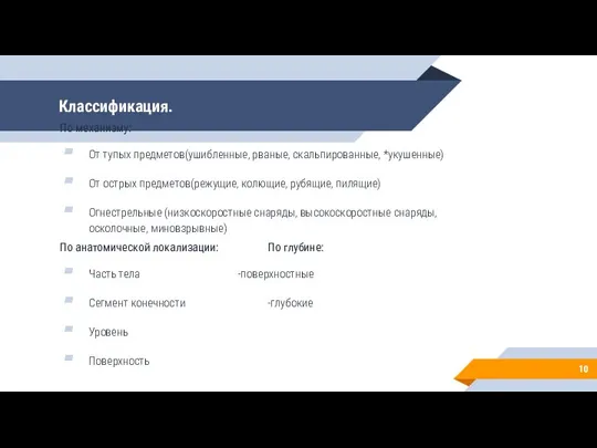 Классификация. По механизму: От тупых предметов(ушибленные, рваные, скальпированные, *укушенные) От острых предметов(режущие,