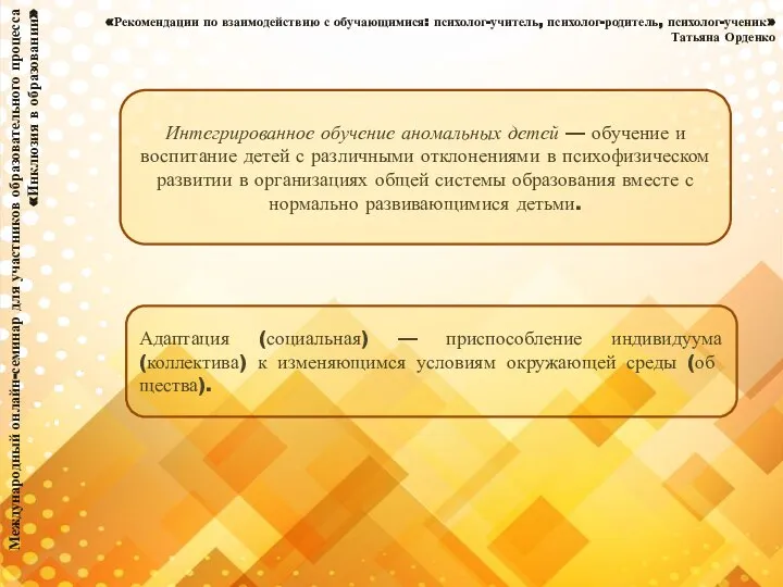 Международный онлайн-семинар для участников образовательного процесса «Инклюзия в образовании» «Рекомендации по взаимодействию