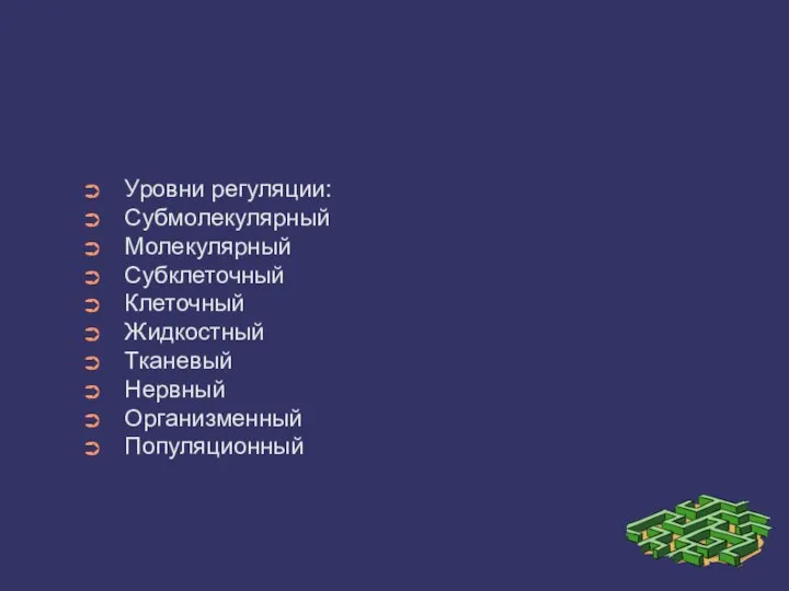 Уровни регуляции: Субмолекулярный Молекулярный Субклеточный Клеточный Жидкостный Тканевый Нервный Организменный Популяционный