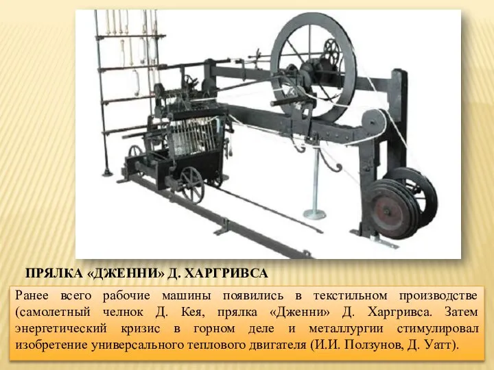 ПРЯЛКА «ДЖЕННИ» Д. ХАРГРИВСА Ранее всего рабочие машины появились в текстильном производстве