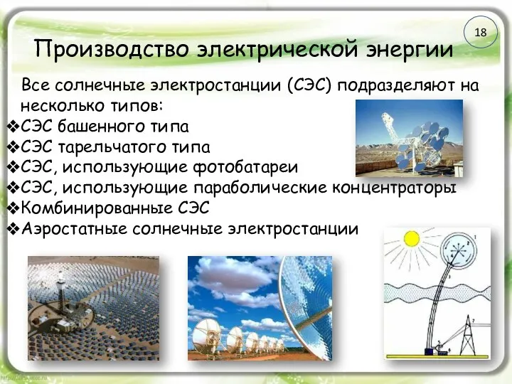 Производство электрической энергии Все солнечные электростанции (СЭС) подразделяют на несколько типов: СЭС