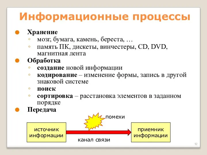 Информационные процессы Хранение мозг, бумага, камень, береста, … память ПК, дискеты, винчестеры,