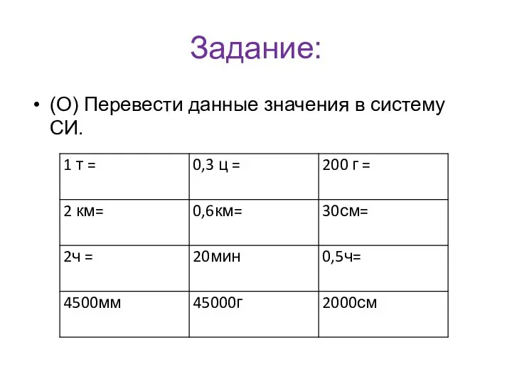 Задание: (О) Перевести данные значения в систему СИ.