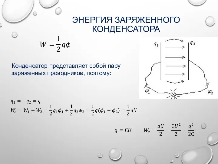 ЭНЕРГИЯ ЗАРЯЖЕННОГО КОНДЕНСАТОРА Конденсатор представляет собой пару заряженных проводников, поэтому: