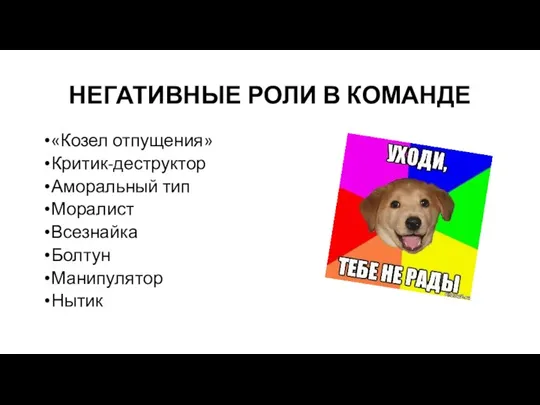 НЕГАТИВНЫЕ РОЛИ В КОМАНДЕ «Козел отпущения» Критик-деструктор Аморальный тип Моралист Всезнайка Болтун Манипулятор Нытик