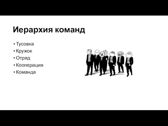 Иерархия команд Тусовка Кружок Отряд Кооперация Команда