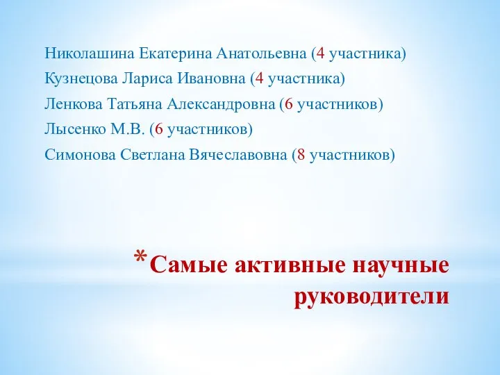 Самые активные научные руководители Николашина Екатерина Анатольевна (4 участника) Кузнецова Лариса Ивановна