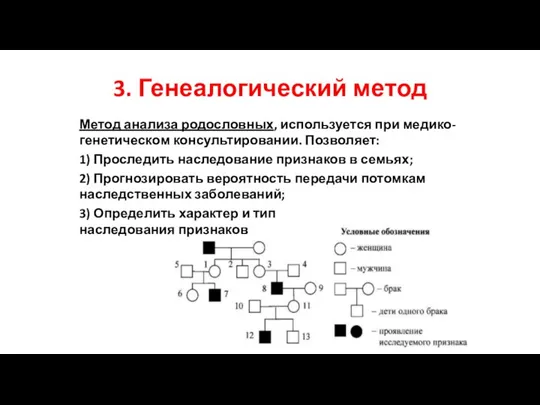 3. Генеалогический метод Метод анализа родословных, используется при медико-генетическом консультировании. Позволяет: 1)