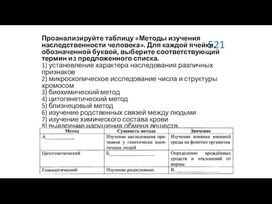 521 Проанализируйте таблицу «Методы изучения наследственности человека». Для каждой ячейки, обозначенной буквой,