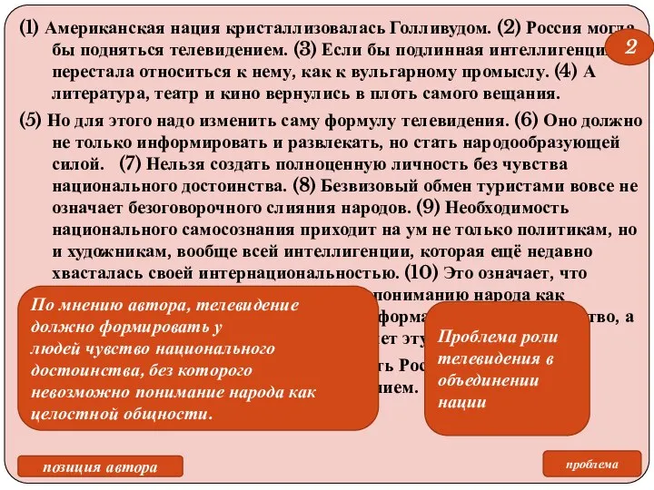 (1) Американская нация кристаллизовалась Голливудом. (2) Россия могла бы подняться телевидением. (3)