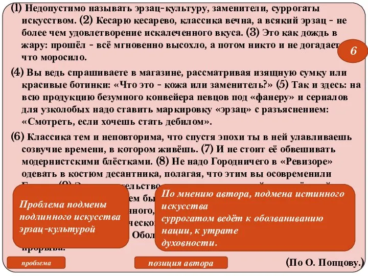 (1) Недопустимо называть эрзац-культуру, заменители, суррогаты искусством. (2) Кесарю кесарево, классика вечна,