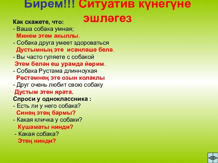 Бирем!!! Ситуатив күнегүне эшләгез Как скажете, что: - Ваша собака умная; Минем