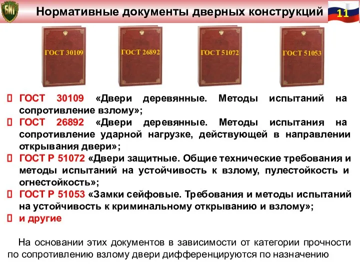 ГОСТ 30109 «Двери деревянные. Методы испытаний на сопротивление взлому»; ГОСТ 26892 «Двери