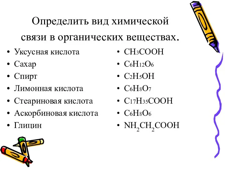 Определить вид химической связи в органических веществах. Уксусная кислота Сахар Спирт Лимонная