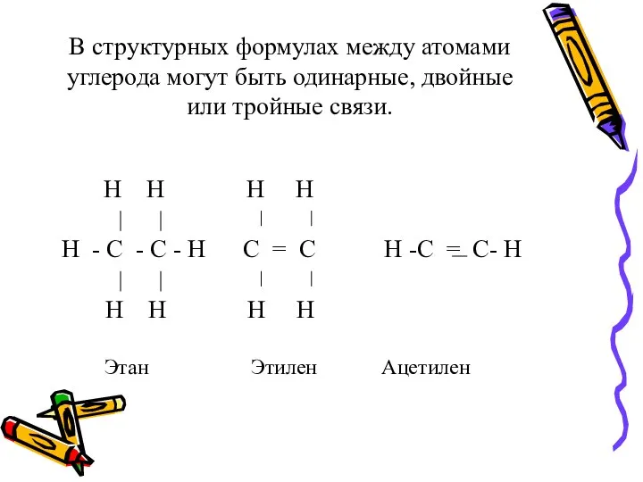 В структурных формулах между атомами углерода могут быть одинарные, двойные или тройные