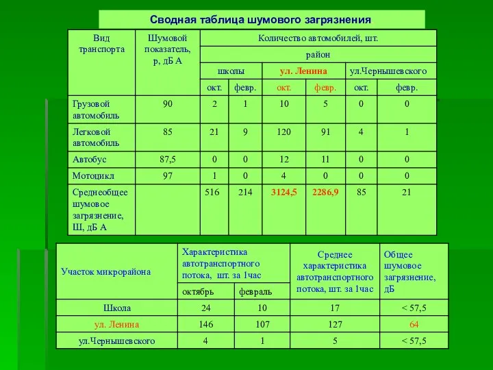 Сводная таблица шумового загрязнения.