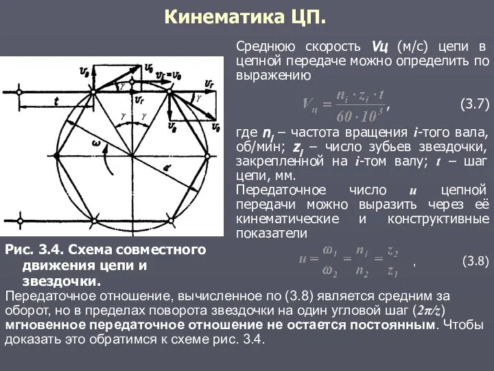 Кинематика ЦП. Рис. 3.4. Схема совместного движения цепи и звездочки. Среднюю скорость