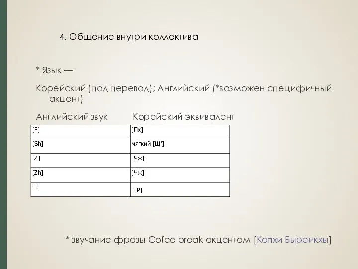 4. Общение внутри коллектива * Язык — Корейский (под перевод); Английский (*возможен