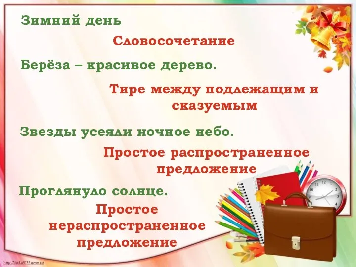 Зимний день Звезды усеяли ночное небо. Берёза – красивое дерево. Проглянуло солнце.