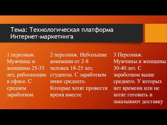 Тема: Технологическая платформа Интернет-маркетинга 1 персонаж. Мужчины и женщины 25-35 лет, работающие