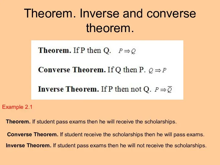 Theorem. Inverse and converse theorem. Example 2.1 Theorem. If student pass exams