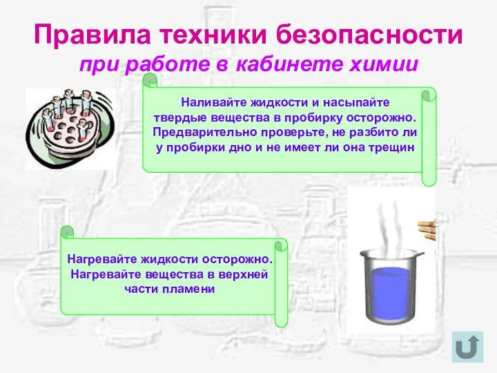 Правила техники безопасности при работе в кабинете химии Наливайте жидкости и насыпайте