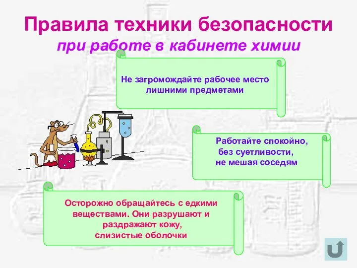 Правила техники безопасности при работе в кабинете химии Не загромождайте рабочее место