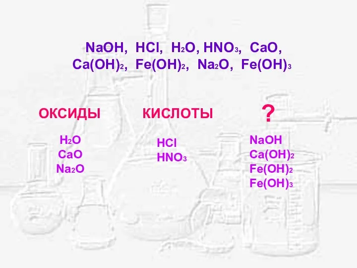 NaOH, HCl, H2O, HNO3, CaO, Ca(OH)2, Fe(OH)2, Na2O, Fe(OH)3 ОКСИДЫ КИСЛОТЫ H2O