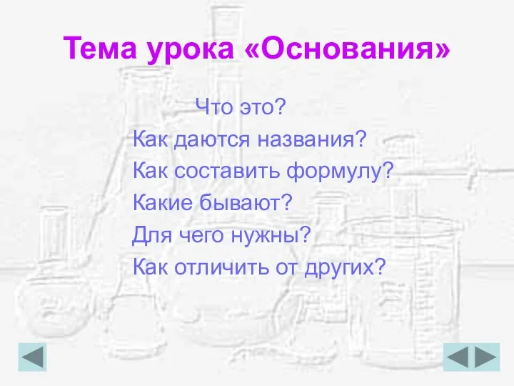 Тема урока «Основания» Что это? Как даются названия? Как составить формулу? Какие