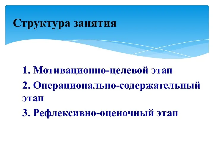 1. Мотивационно-целевой этап 2. Операционально-содержательный этап 3. Рефлексивно-оценочный этап Структура занятия