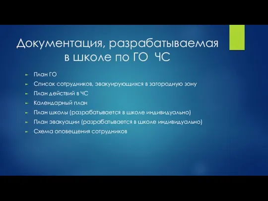 Документация, разрабатываемая в школе по ГО ЧС План ГО Список сотрудников, эвакуирующихся