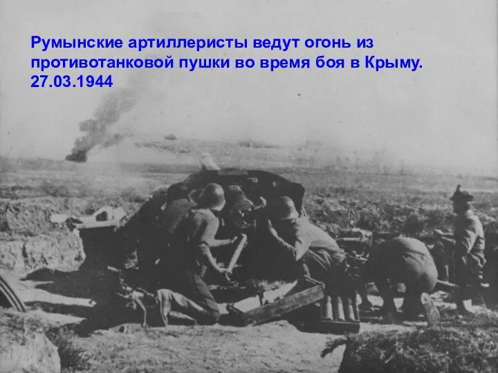 Румынские артиллеристы ведут огонь из противотанковой пушки во время боя в Крыму. 27.03.1944
