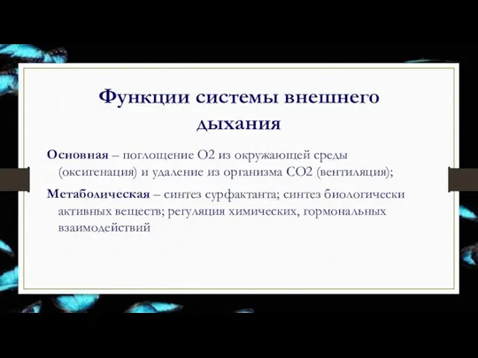 Функции системы внешнего дыхания Основная – поглощение О2 из окружающей среды (оксигенация)