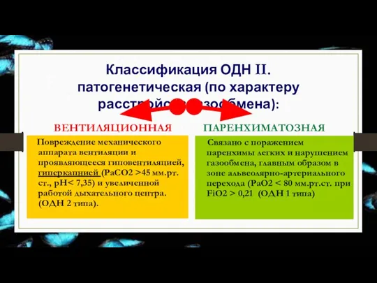 Классификация ОДН II. патогенетическая (по характеру расстройств газообмена): ВЕНТИЛЯЦИОННАЯ Повреждение механического аппарата