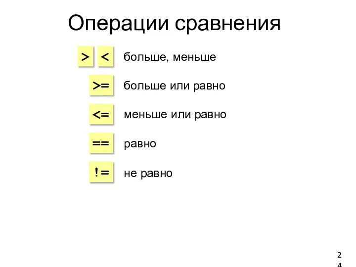 Операции сравнения > >= == != больше, меньше больше или равно меньше