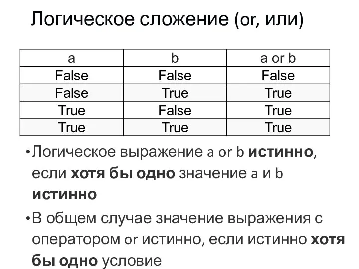 Логическое сложение (or, или) Логическое выражение a or b истинно, если хотя