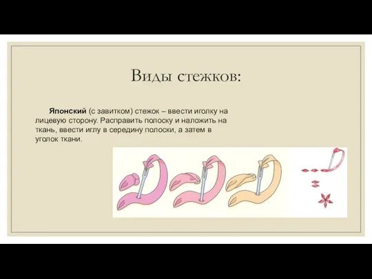 Виды стежков: Японский (с завитком) стежок – ввести иголку на лицевую сторону.