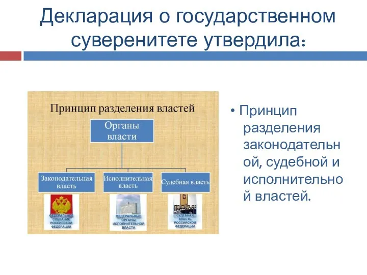 Декларация о государственном суверенитете утвердила: • Принцип разделения законодательной, судебной и исполнительной властей.