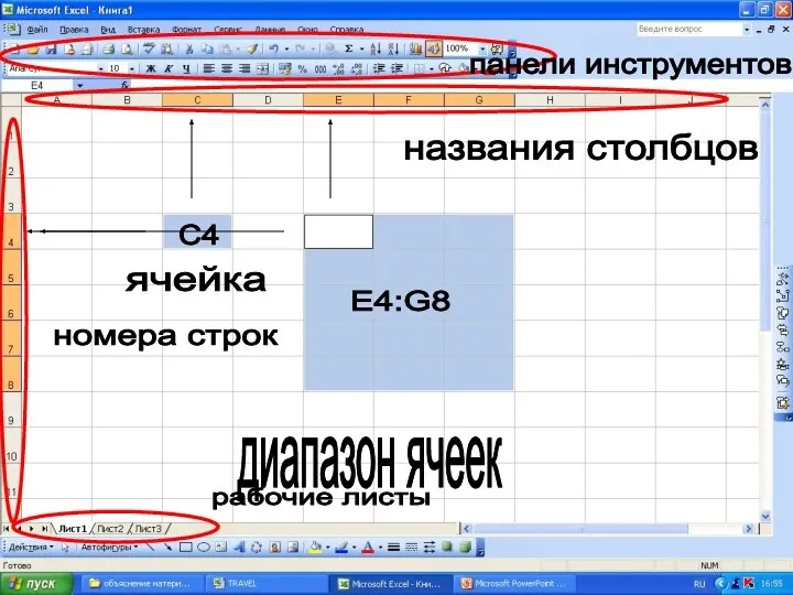 ячейка С4 номера строк названия столбцов диапазон ячеек E4:G8 рабочие листы панели инструментов