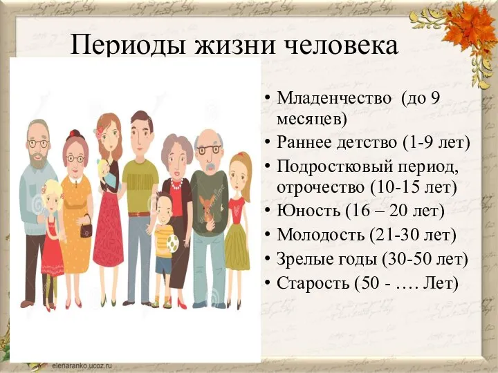 Периоды жизни человека Младенчество (до 9 месяцев) Раннее детство (1-9 лет) Подростковый