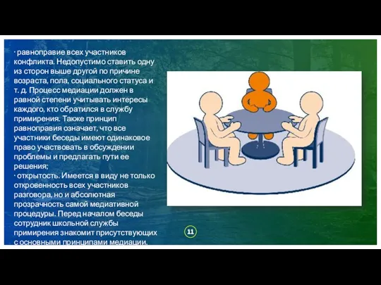 · равноправие всех участников конфликта. Недопустимо ставить одну из сторон выше другой