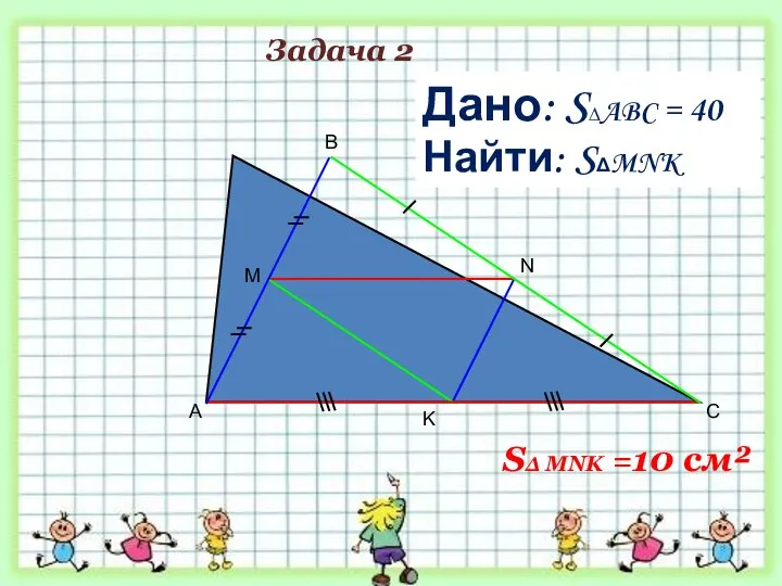 A B C M Дано: S∆ABC = 40 см² Найти: SΔMNK K