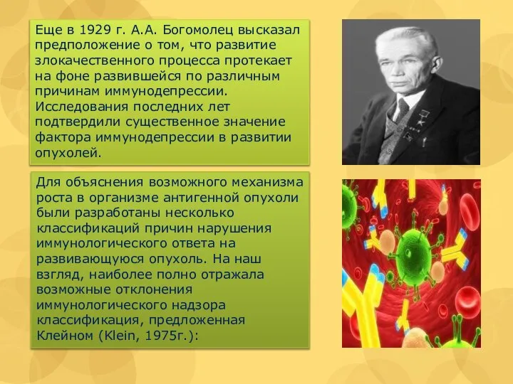 Еще в 1929 г. А.А. Богомолец высказал предположение о том, что развитие