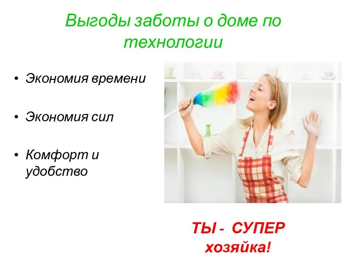 Выгоды заботы о доме по технологии Экономия времени Экономия сил Комфорт и