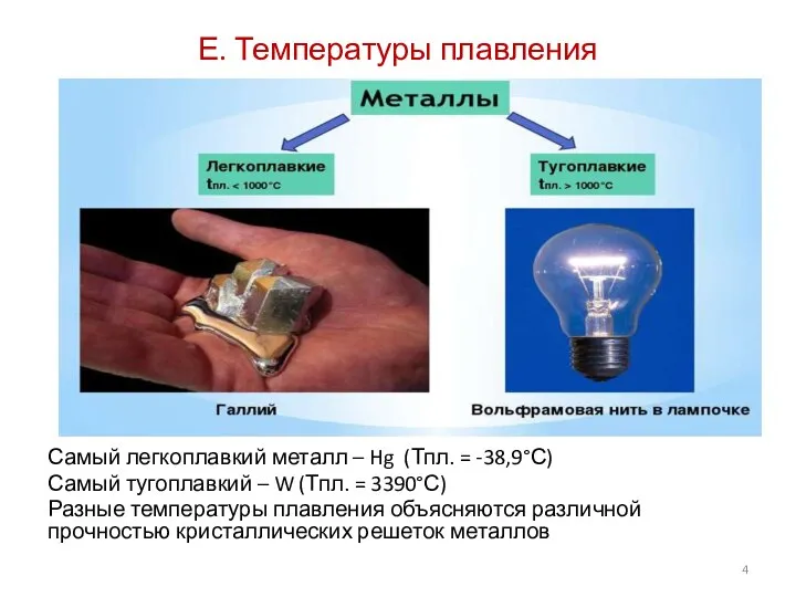 Е. Температуры плавления Самый легкоплавкий металл – Hg (Тпл. = -38,9°С) Самый