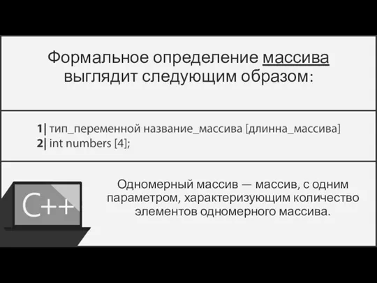 Формальное определение массива выглядит следующим образом: Одномерный массив — массив, с одним